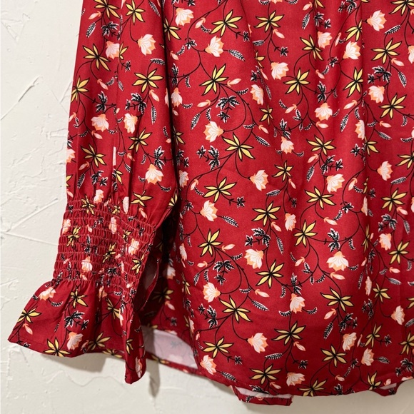 Ellos Women's Cottagecore Floral Notch-Neck Smocked Sleeve Cuff Red Blouse Sz 24 - Picture 6 of 10